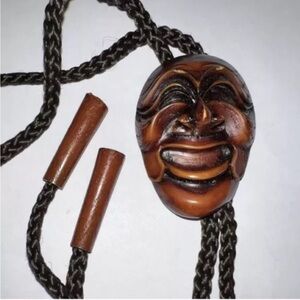 Vintage Korean Bolo Necklace Yangban Wooden Mask Signed EUC